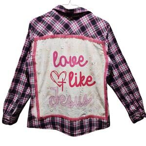 Love Like Jesus Custom Upcycled Plaid Flannel Shirt, Women's L